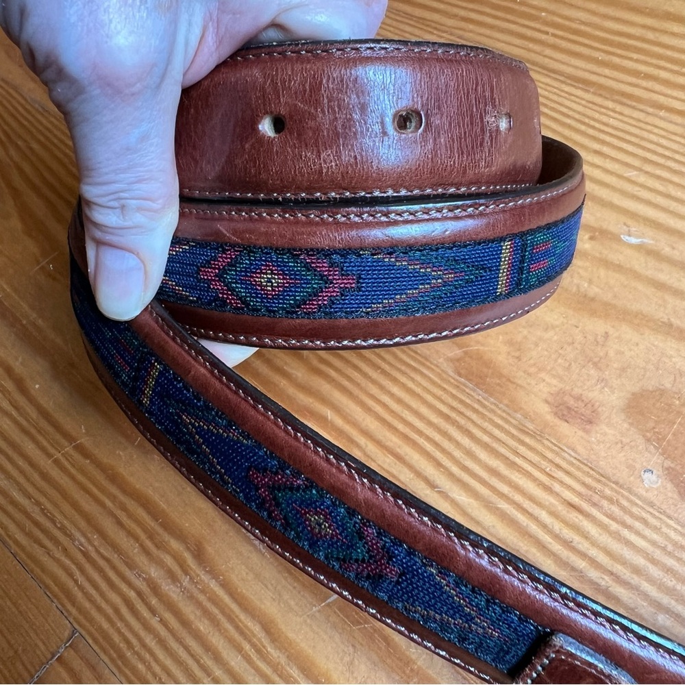 Mens Leather Aztec Tribal Western Inlayed Belt Brass Buckle Size 38 Multi USA - Picture 3 of 12